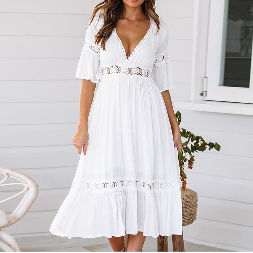 Women’s Short Sleeves Chiffon Semi-Sheer Sexy V Neck Flowy Casual Dress Boho - Picture 4 of 15